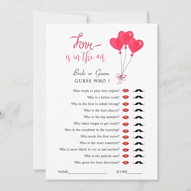 Invitation Jeu de fête prénuptiale Red & White Hearts  (Devant)