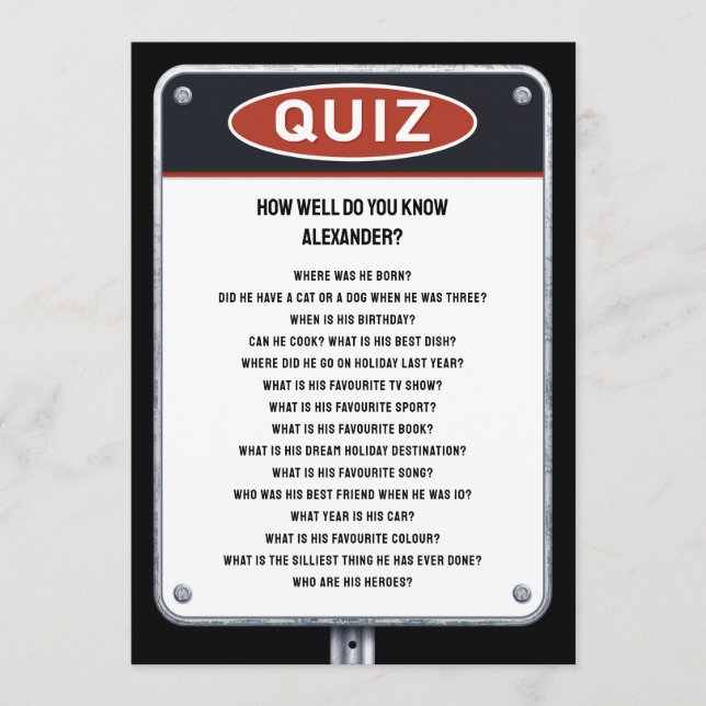 Invitation Jeu de fête Quiz avec panneau routier (Devant)