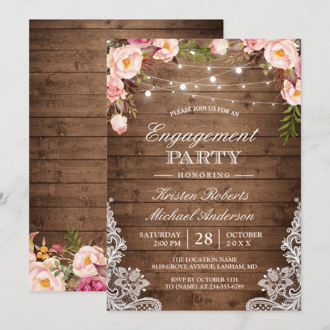Invitation Jeu de fiançailles de dentelle florale rustique (Devant / Derrière)