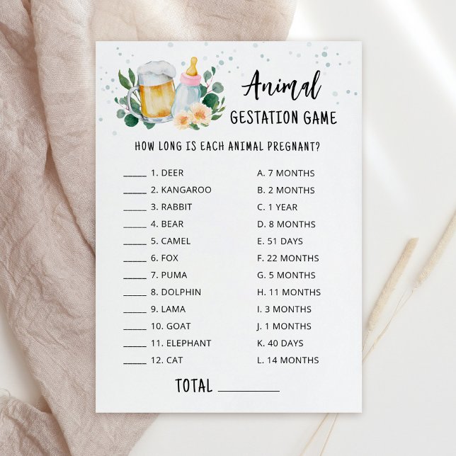 Invitation Jeu de gestation animale pour bébé avec réponses (Beer and Floral Baby is Brewing Baby Shower Animal Gestation Game Card)