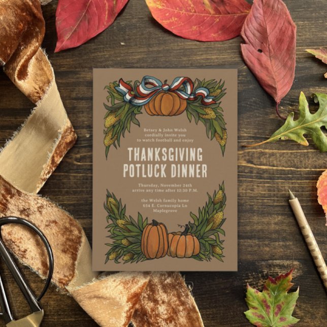 Invitation Jeu de grâce de récolte d'Amérique automnale (brown thanksgiving dinner invitation with Americana red white and blue ribbon bow pumpkins and corn)