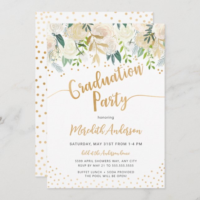 Invitation Jeu de graduation Confetti en or floral moderne (Devant / Derrière)