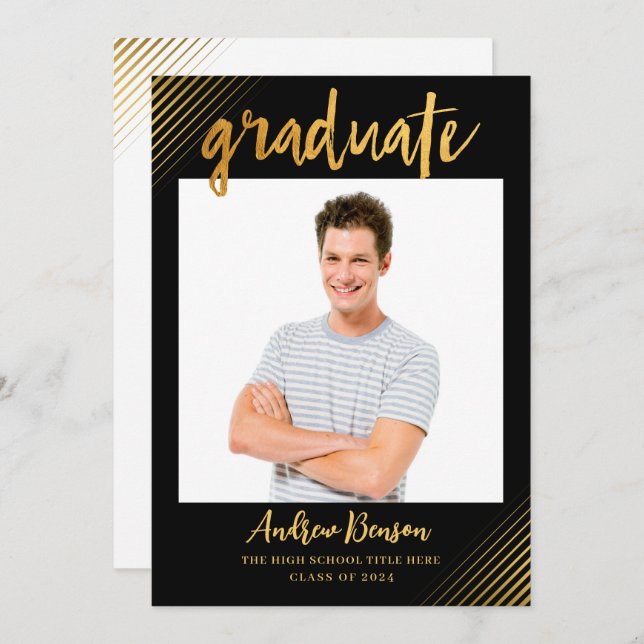 Invitation Jeu de graduation photo de script Black & Gold mod (Devant / Derrière)