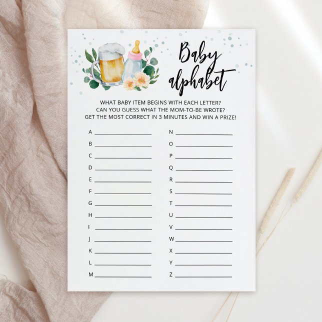 Invitation Jeu de l'alphabet bébé ABC Baby Brewing Card Rose (Beer and Floral Baby is Brewing Baby Shower ABC Alphabet Game Card)