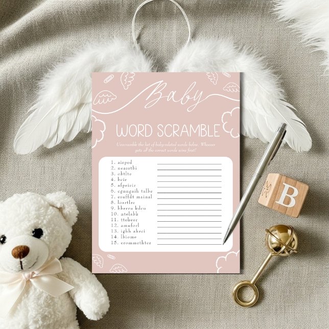 Invitation Jeu de lettres mêlées Baby Rose céleste (Heavenly pink Baby Word Scramble Game)