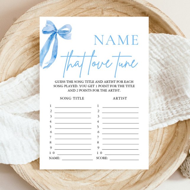 Invitation Jeu de mariage à l'arc bleu « Nommez cette chanson (Modern Blue Bow Coquette Name That Love Tune Bridal Shower Game She's Tying the Knot Bridal Shower)