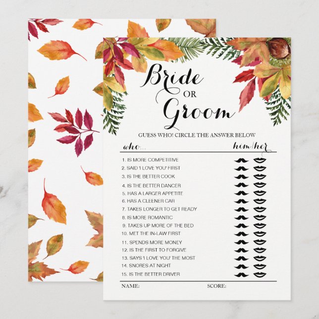 Invitation Jeu de mariage éditable Feuillage d'automne (Devant / Derrière)