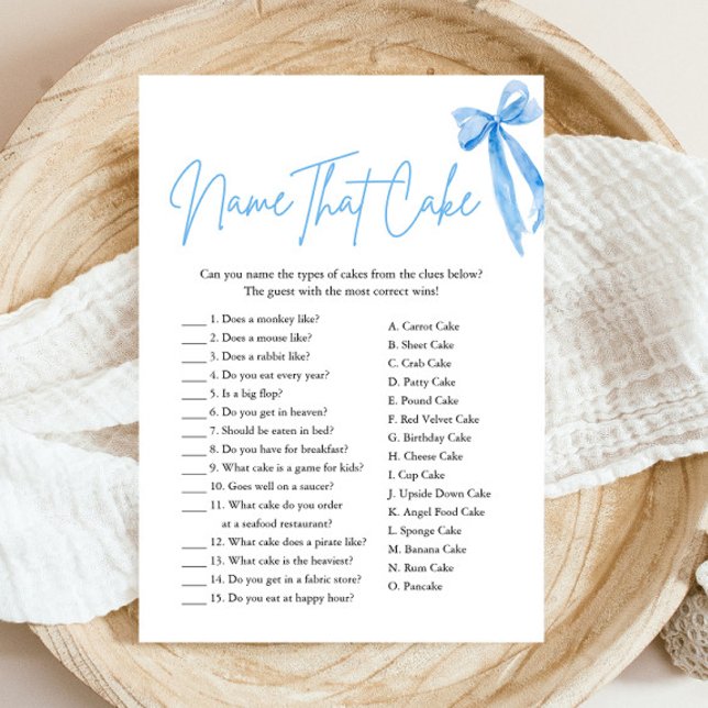 Invitation Jeu de mariage élégant ruban bleu Nommez ce gâteau (Modern Elegant Watercolor Blue Bow Name That Cake Bridal Shower Game)