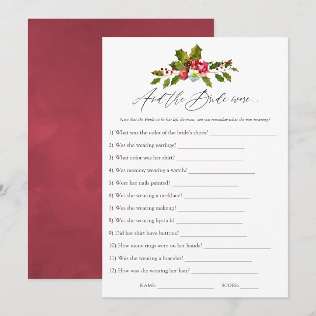 Invitation Jeu de mariage Floral Holly Noël pour la douche de (Devant / Derrière)