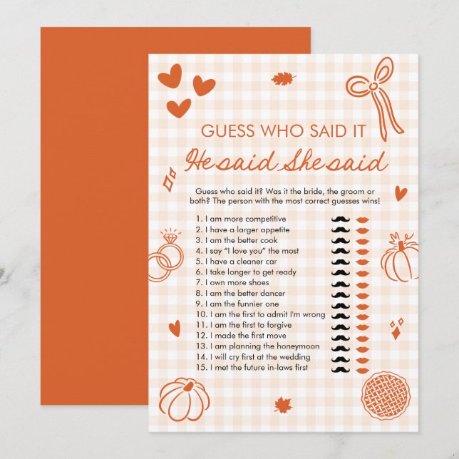 Invitation Jeu de mariage Orange Fall He Said She Said Bride  (Devant / Derrière)