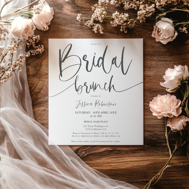 Invitation Jeu de mariée moderne gris rose vif brunch tendanc (Modern gray blush pink script trendy bridal brunch invitation)