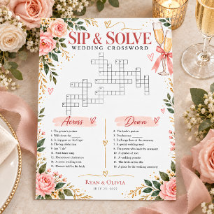 Invitation Jeu de mots croisés pour mariage floral rose, à si