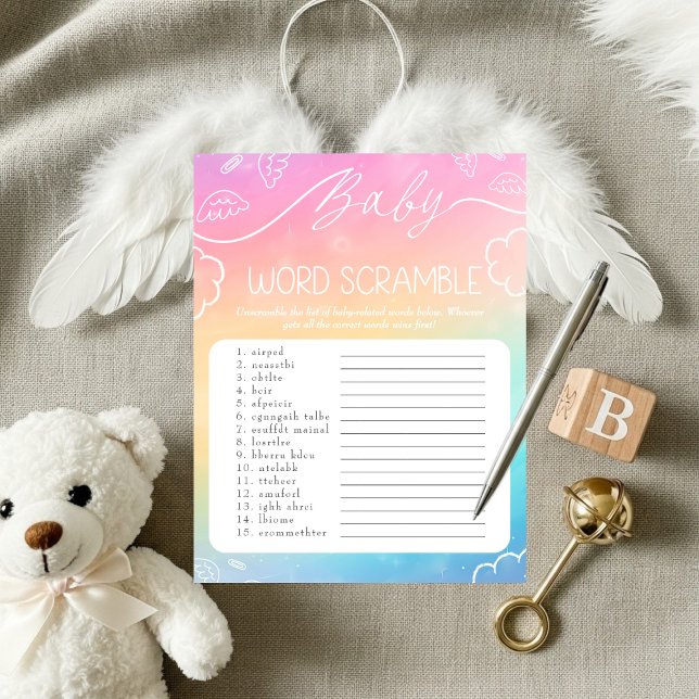 Invitation Jeu de mots mêlés Bébé Arc-en-ciel céleste (Heavenly Rainbow Baby Word Scramble Game)