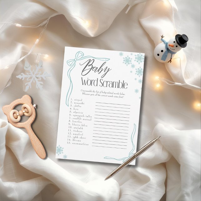 Invitation Jeu de mots mêlés Bébé arc vert neige (Frosty green Bow Baby Word Scramble Game)