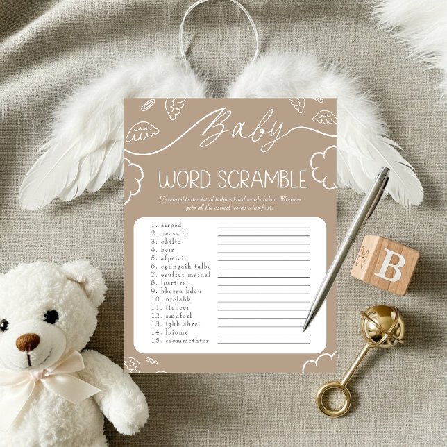Invitation Jeu de mots mêlés Bébé Beige Céleste (Heavenly pink Baby Word Scramble Game)