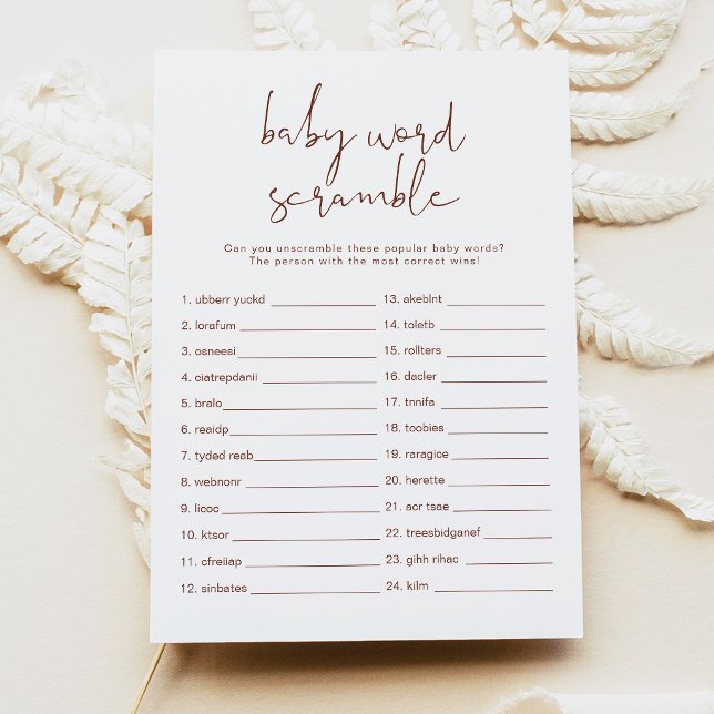 Invitation Jeu de mots mêlés bébé CORIANDER Boho Rust Invitat (Créateur téléchargé)