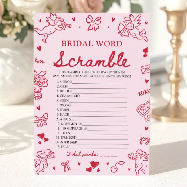 Invitation Jeu de mots mêlés de mariage à dessin manuel pour  (Valentine Hand Drawn Bridal Word Scramble Game)