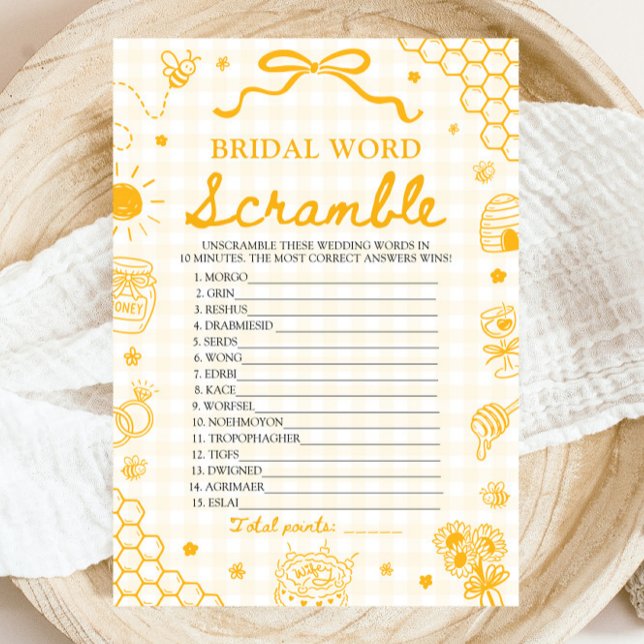 Invitation Jeu de mots mêlés de mariage aux abeilles miel gin (Yellow Gingham Honey Bee Bridal Word Scramble Game)