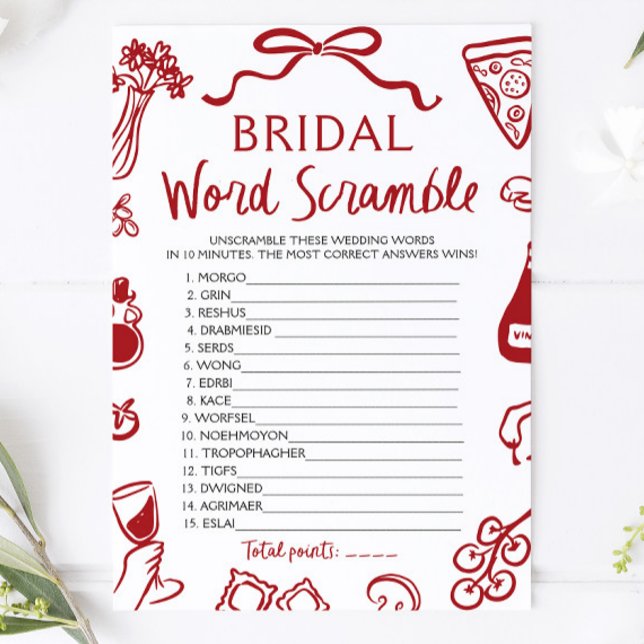 Invitation Jeu de mots mêlés de mariage dessinés à la main en (Red Italian Hand Drawn Bridal Word Scramble Game)