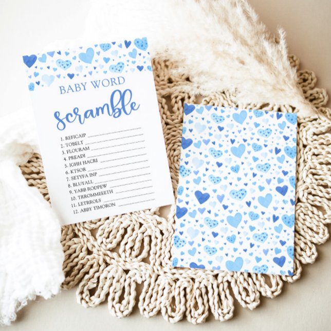 Invitation Jeu de mots mêlés pour bébé aux cœurs bleus pour l (Watercolor Cute Blue Hearts Valentine Sweetheart February Boy Baby Word Scramble Baby Shower Game)