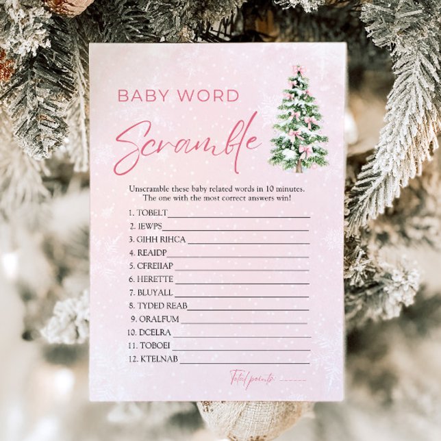 Invitation Jeu de mots mêlés pour bébé avec un arbre de Noël  (Pink Bows Christmas Tree Baby Word Scramble Game )