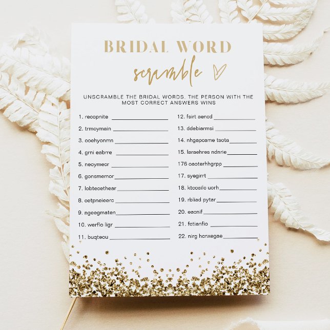 Invitation Jeu de mots mêlés REGINA Gold Sequins pour enterre (Faux Gold Sequins Word Scramble Bridal Shower Game Cards)