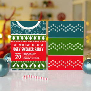 Invitation Jeu de Noël bleu moderne et vert rouge et moche do