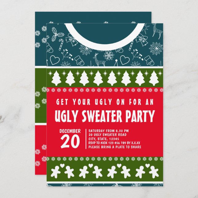 Invitation Jeu de Noël bleu moderne et vert rouge et moche do (Devant / Derrière)