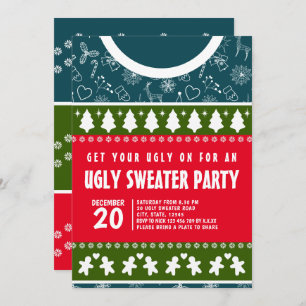 Invitation Jeu de Noël bleu moderne et vert rouge et moche do