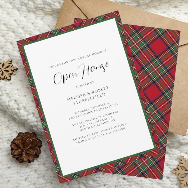 Invitation Jeu de Noël ouvert Stewart Tartan Party (Rustic Plaid Christmas Open House Party Tartan Invitation)