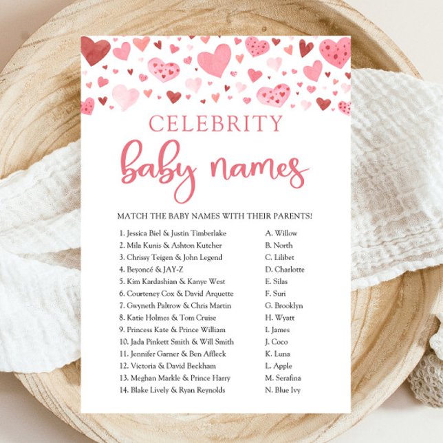Invitation Jeu de nom de bébé de célébrité de la Saint-Valent (Watercolor Pink Red Hearts Valentine Little Sweetheart Girl Celebrity Baby Names Baby Shower Game)