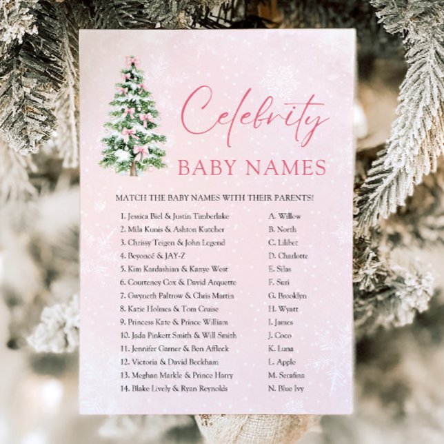 Invitation Jeu de nom de bébé de célébrité de l'arbre de Noël (Pink Bows Christmas Tree Celebrity Baby Name Game)