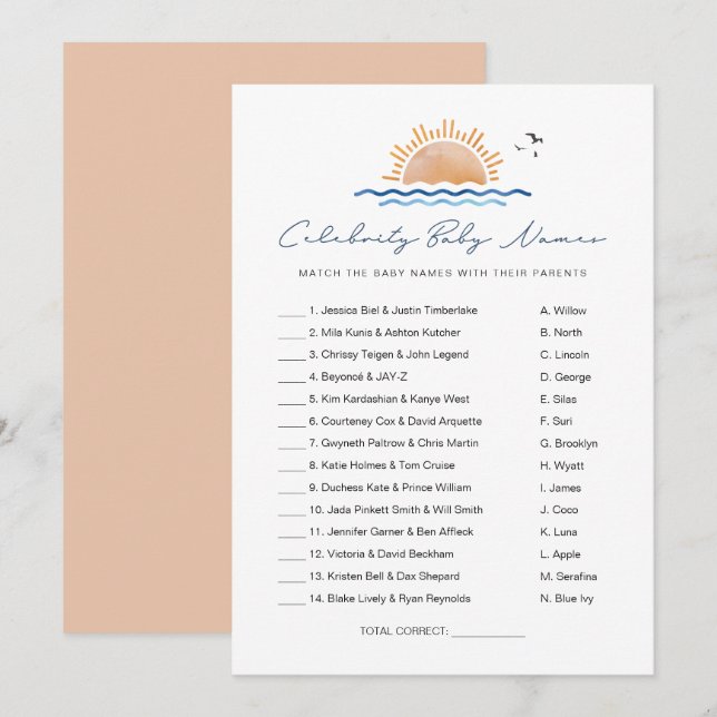 Invitation Jeu de Noms de Bébés Célébrités de Plage OCEANSIDE (Devant / Derrière)