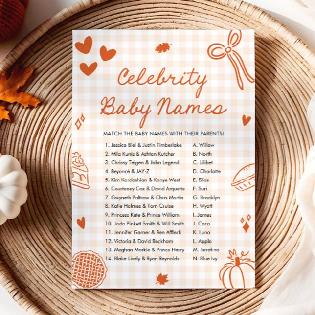 Invitation Jeu de noms de bébés de célébrités dessinés à la m (Fall Orange Hand Drawn Celebrity Baby Name Game)
