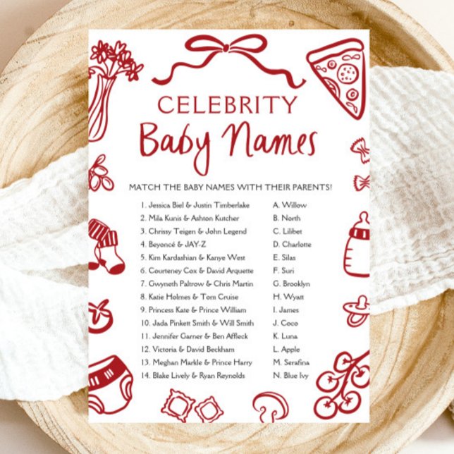 Invitation Jeu de noms de bébés de célébrités italiennes dess (Red Hand Drawn Italian Celebrity Baby Name Game)
