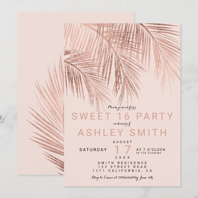 Invitation Jeu de palmier d'or rose faux moderne Sweet 16 (Devant / Derrière)