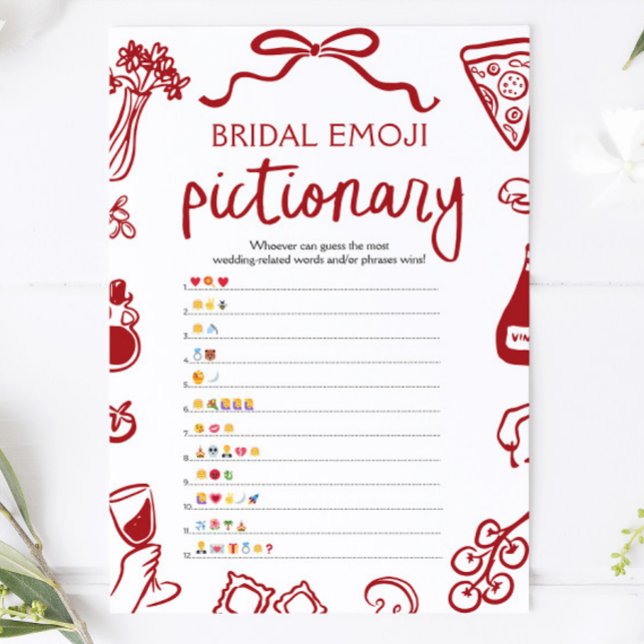 Invitation Jeu de Pictionary avec émoticônes pour enterrement (Red Hand Drawn Bridal Shower Emoji Pictionary Game)