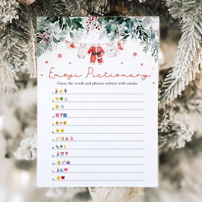 Invitation Jeu de Pictionary d'Emoji de Bébé Santa Rouge de N (Watercolor Christmas Red Santa Baby Shower Emoji Pictionary Game)