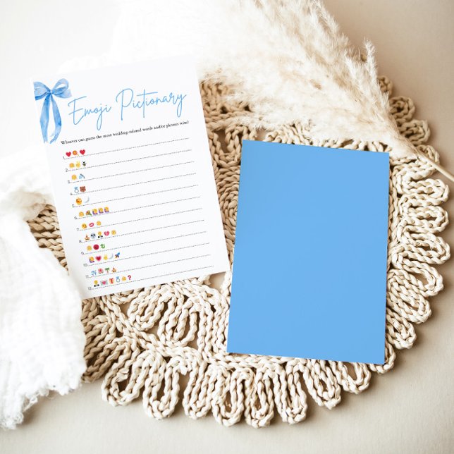 Invitation Jeu de Pictionary d'émoticônes de douche de mariag (Modern Watercolor Dusty Blue Bow Bridal Shower Emoji Pictionary Game)