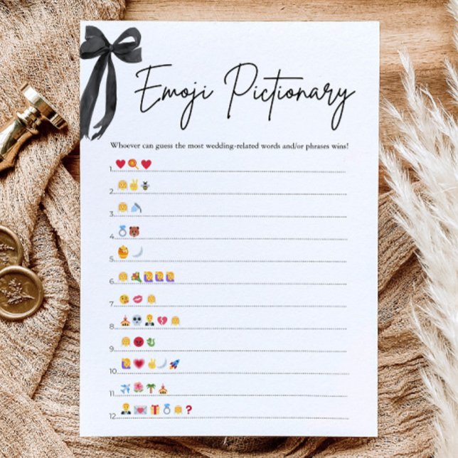 Invitation Jeu de Pictionary d'enterrement de vie de jeune fi (Black Bow Bridal Shower Emoji Pictionary Game)