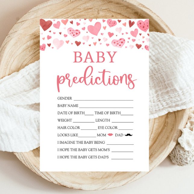Invitation Jeu de prédiction de bébé pour Baby Shower Hearts  (Watercolor Cute Pink Red Hearts Valentine A Little Sweetheart Girl Baby Prediction Baby Shower Game)