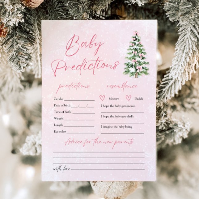 Invitation Jeu de prédiction de bébé pour l'arbre de Noël aux (Pink Bows Christmas Tree Baby Snow Prediction Game)