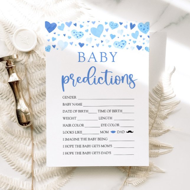 Invitation Jeu de prédiction pour Baby Shower Blue Valentine (Watercolor Cute Blue Hearts Valentine Sweetheart February Baby Boy Baby Prediction Baby Shower Game)
