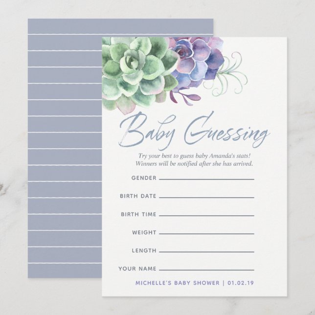 Invitation Jeu de prédictions bébé Succulents aquarelle (Devant / Derrière)