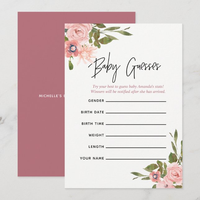 Invitation Jeu de prédictions pour bébé avec rose floral et o (Devant / Derrière)