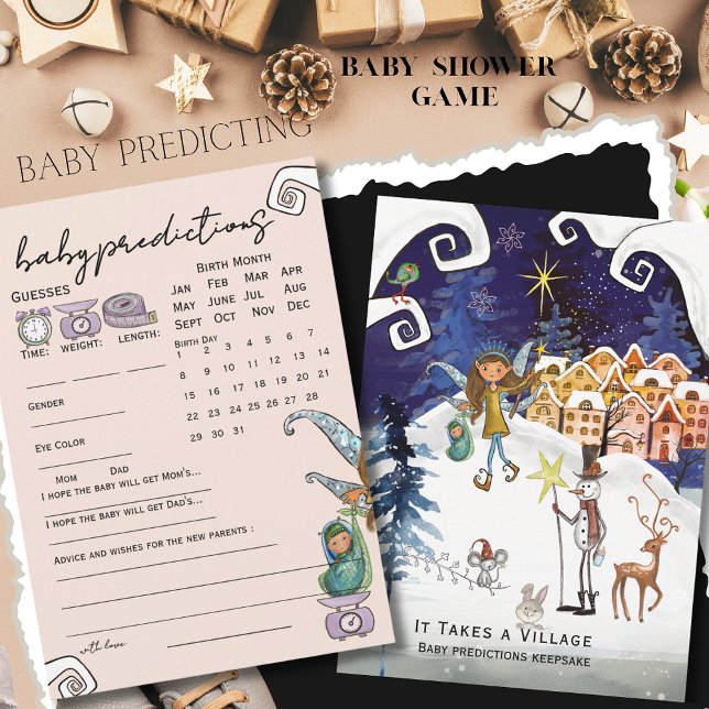 Invitation Jeu de prédictions pour bébé d'hiver Il faut un vi (It Takes a Village Winter Baby Predictions Game Invitation)