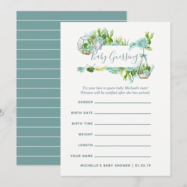 Invitation Jeu de prédictions pour bébé garçon aux succulents (Devant / Derrière)