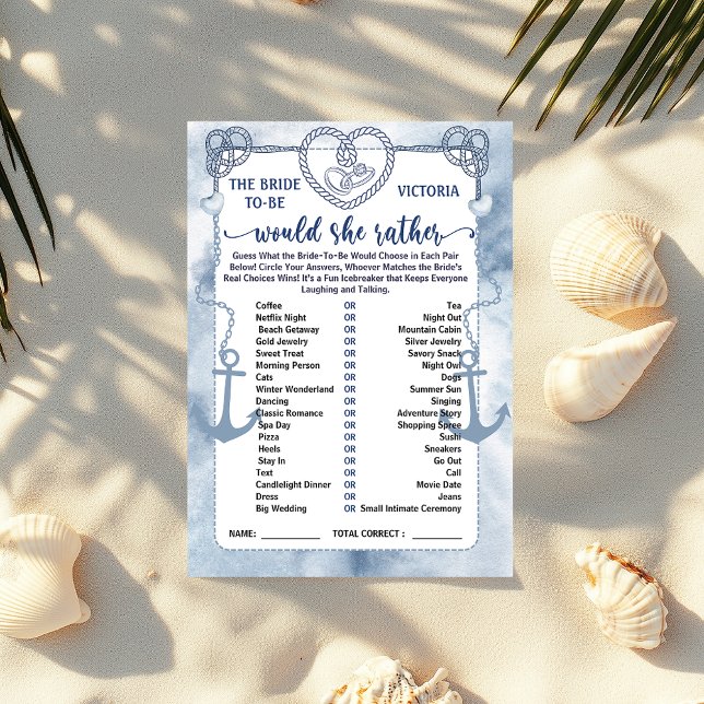 Invitation Jeu de 'Préférerait-Elle' pour l'enterrement de vi (Nautical Would She Rather Game Bridal Shower card)