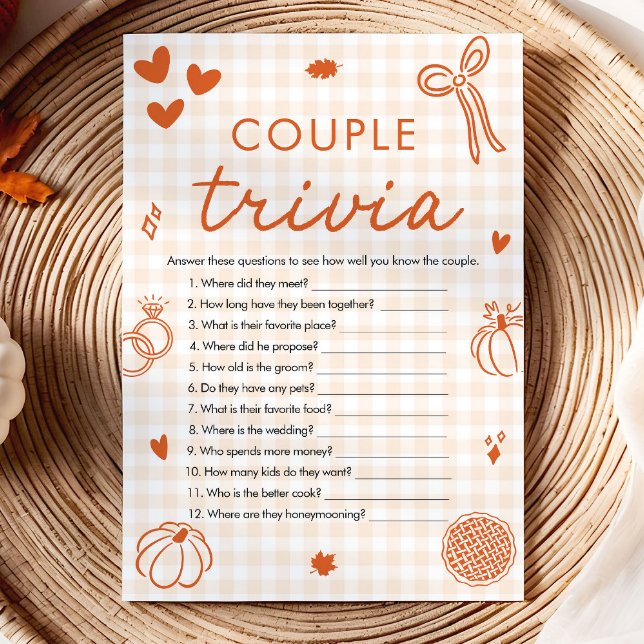 Invitation Jeu de quiz de couple de mariage à la douche nupti (Orange Fall Bow Couple Trivia Bridal Shower Game)