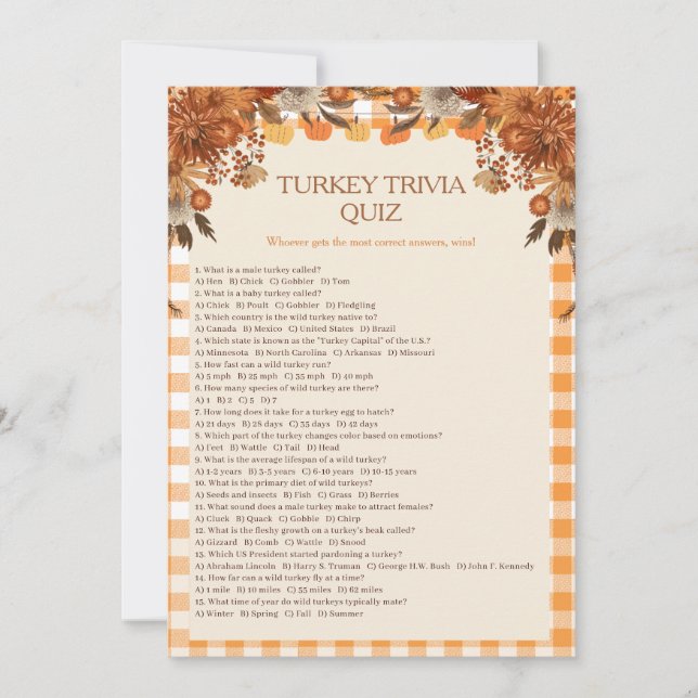 Invitation Jeu de quiz de la dinde de Thanksgiving (Devant)